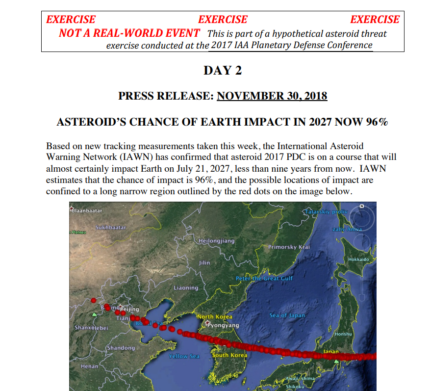 A NASA asteroid simulation document, explaining at the top that this is "NOT A REAL-WORLD EVENT" but part of a hypothetical asteroid threat exercise.
